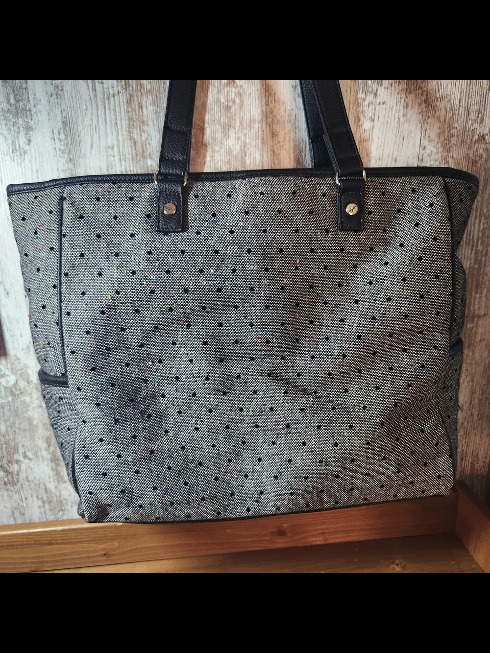 thirty-one Grey Cindy Tote Black Straps Multiple Color Accents Smiley Face Happy
